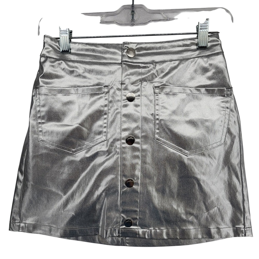 Justice L 12/14 Silver Metallic Skort Button Front Shiny Disco Space Y2K Skirt